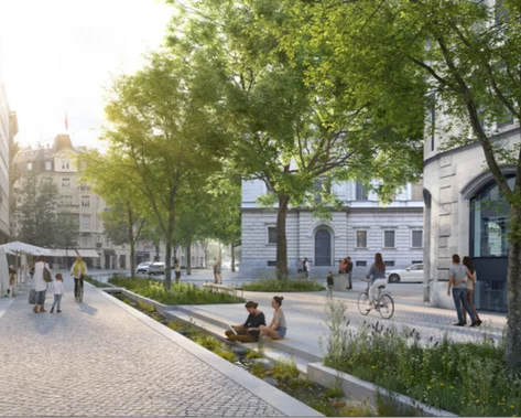 Visualisierung der Falkenstasse mit offenem Klosbach, Bäumen und Pflästerung