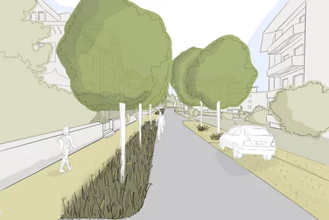 Skizze schmale Strasse mit Bäumen und entsiegelten Strassenparkplätzen