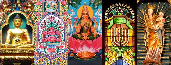 Fünf Bilder sind auf einem aneinandergereiht und auf jedem ist ein Symbol einer Religion abgebildet. 
