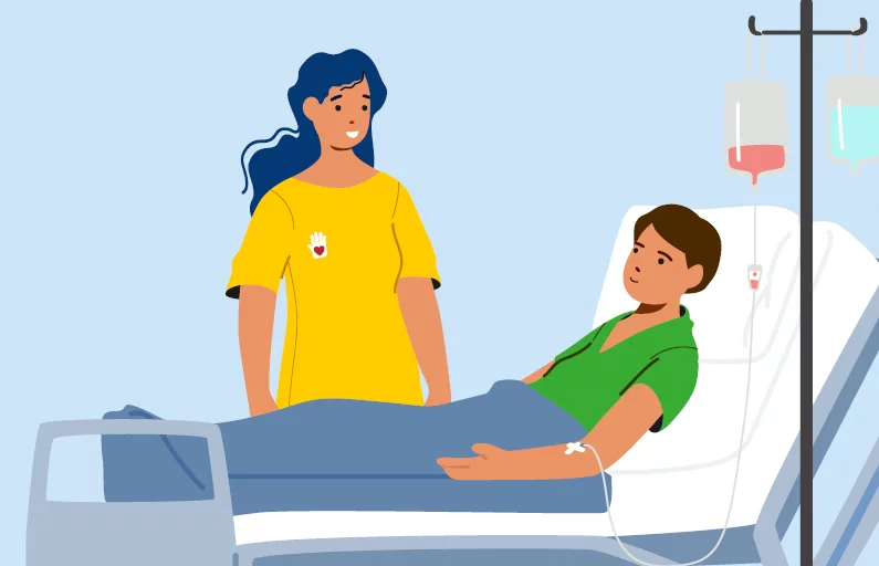 Zeichnung eines Patienten im Bett mit einer Dame aus dem Freiwillingendienst