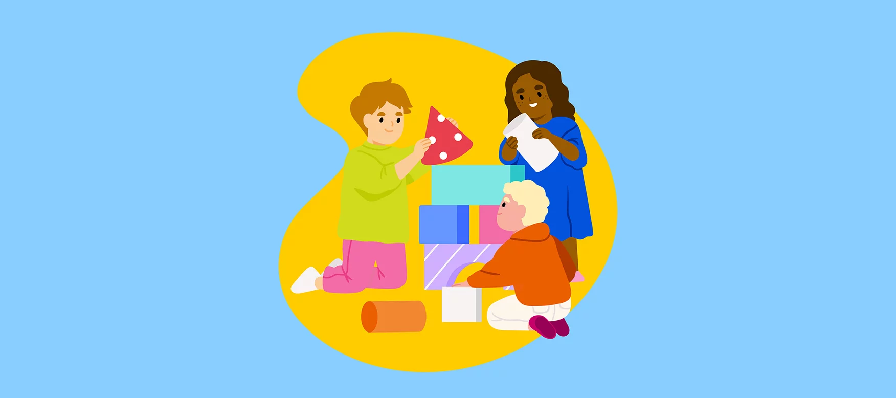 Drei Kinder bauen und spielen mit Klötzen in verschiedenen Farben und Formen.
