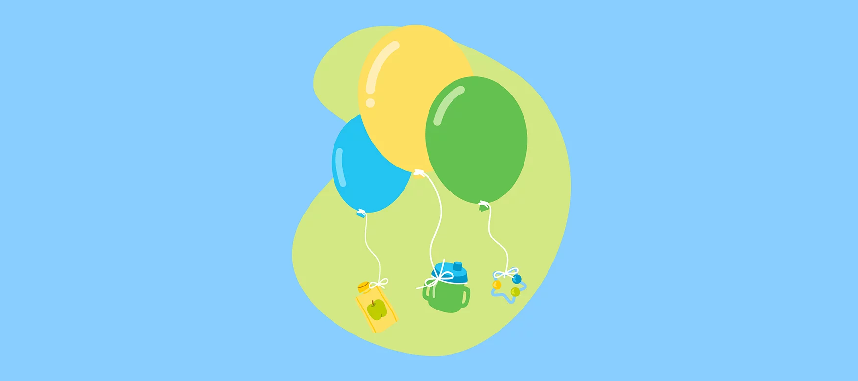 Luftballons, an denen Quetschbeutel, Schnabelbecher und Gummirasseln befestigt sind, schweben durch die Luft.