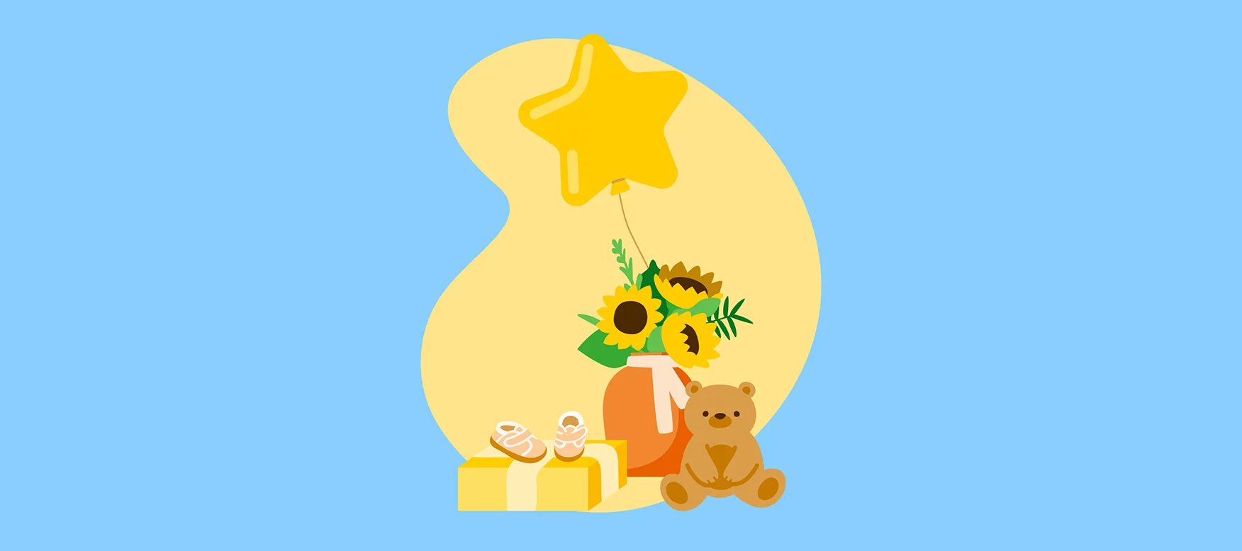 Ein Geschenkkorb für ein Baby, gefüllt mit kleinen Schühchen, einem Teddy und einem Blumenstrauss.