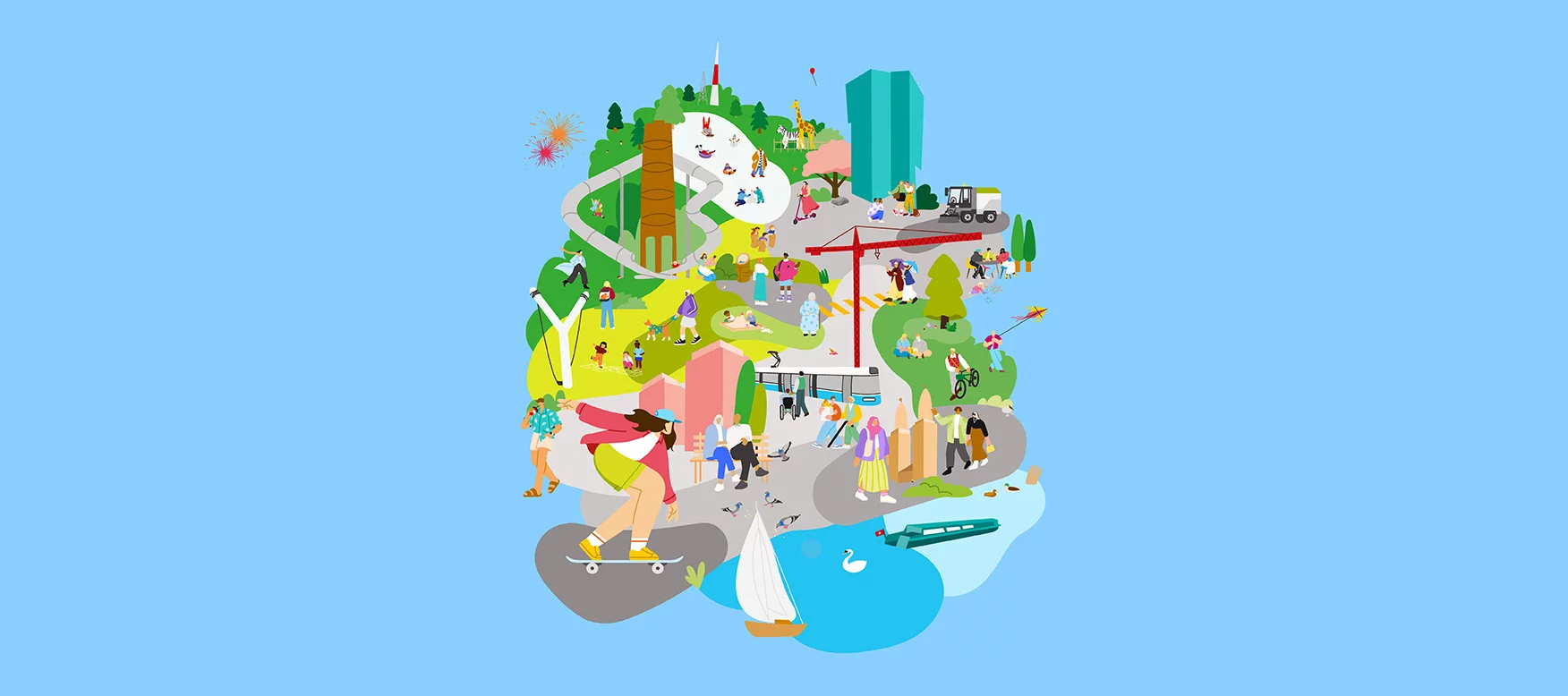 Ein buntes Wimmelbild zeigt viele Orte aus der Stadt Zürich. Menschen aus verschiedenen Kulturen und Altersgruppen sind draussen unterwegs. Eine Frau fährt Skateboard, Kinder spielen und lassen Drachen steigen. Ein See mit einem Segelboot und einem Schwan ist vorne zu sehen. In der Mitte fährt ein Tram, und daneben gibt es eine Baustelle mit einem Kran. Menschen spazieren, sitzen in Cafés und geniessen die Natur. Im Hintergrund gibt es einen Park mit Tieren wie Giraffen und Zebras.
