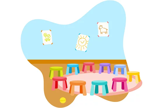 Die Morgenrunde im Kindergarten, bei der die Kinder auf bunten Hockern sitzen.