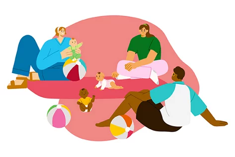 Eine diverse Gruppe von Erwachsenen, die Babymassagen mit Hilfe von Bällen durchführen.
