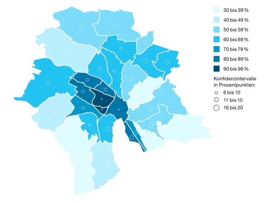 Auswertung der städtischen Bevölkerungsbefragung: Wahrnehmung der baulichen Dichte nach Quartier (Quelle: BVB 2021)