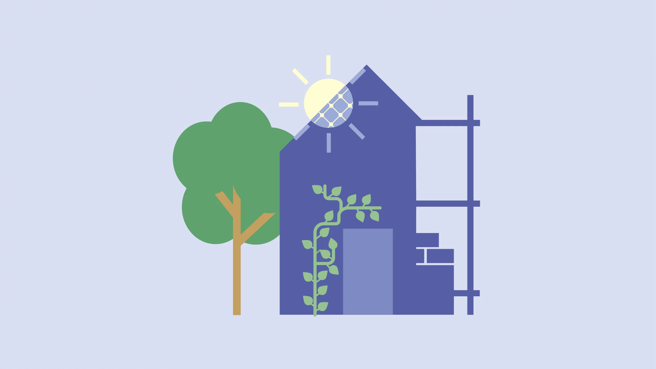 Illustration zu einem energieeffizienten Gebäude mit Baum, Solarenergie und Fassadenbegrünung