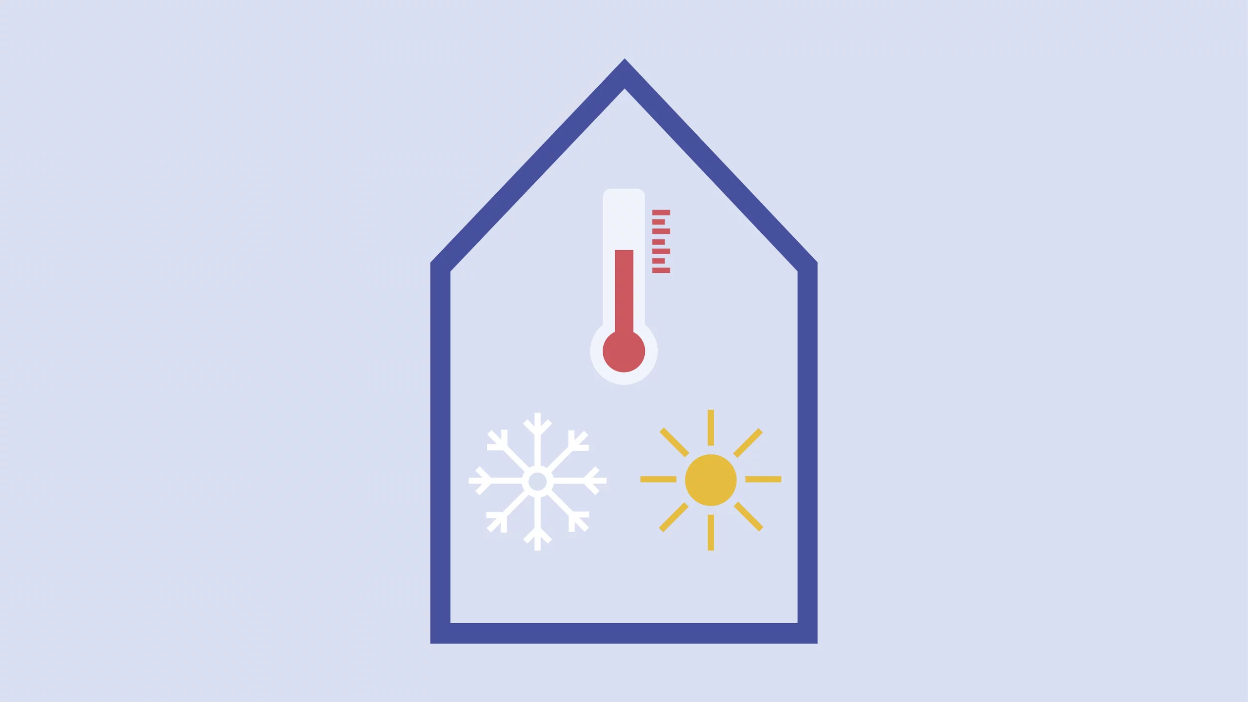 Illustration Gebäude mit Eiskristall, Thermometer und Sonne