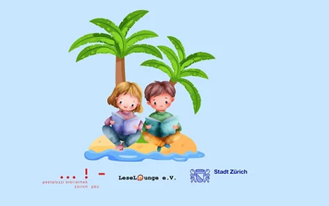 Zwei Kinder sitzen lesend auf einer kleinen Insel unter Palmen.