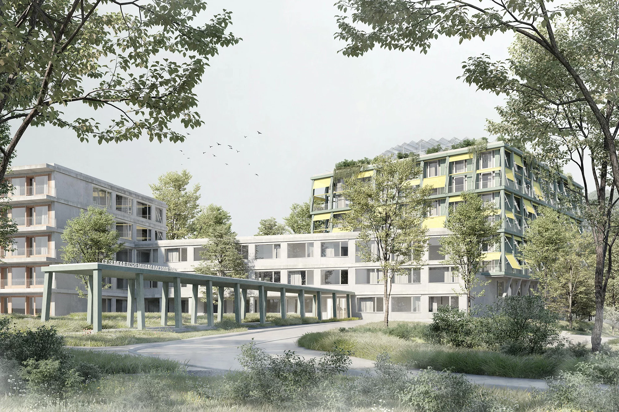 Die Visualisierung des geplanten Bauvorhabens zeigt einen Blick auf den neuen Ankunftsbereich mit grüner Umgebung.