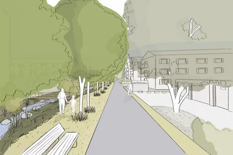 Skizze schmale Strasse mit Bank, Bäumen und Bächlein