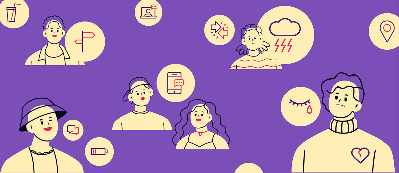 Violetter Hintergrund, Junge Menschen mit verschiedenen Emotionen in einem illustrativen Stil. Icons sind auf der Farbfläche verteilt.