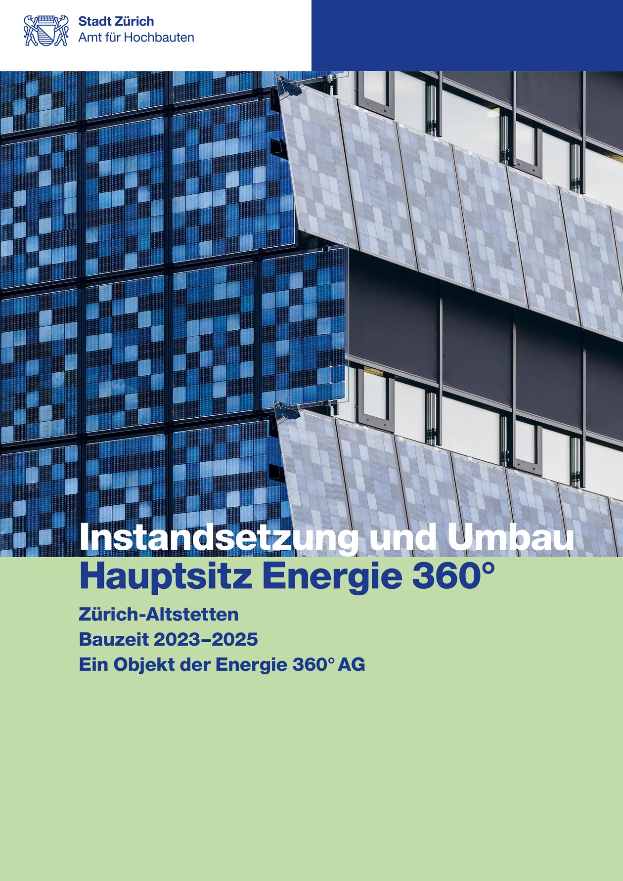 Titelseite Baudokumentation Hauptsitz Energie 360° mit Detailansicht des neu eingekleideten Gebäudes.