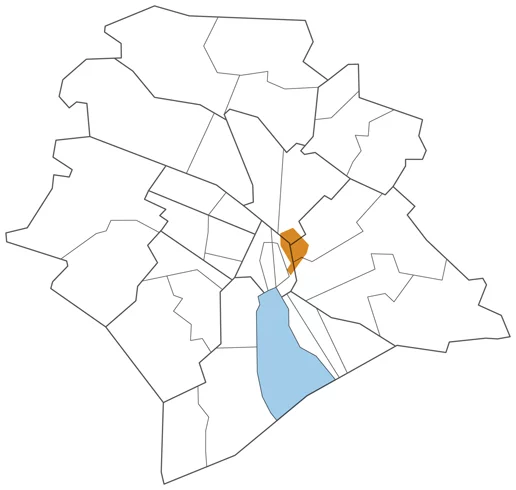 Umrisskarte der Stadt Zürich und der Quartiere. Darin eingezeichnet die Lage des Hochschulquartiers.