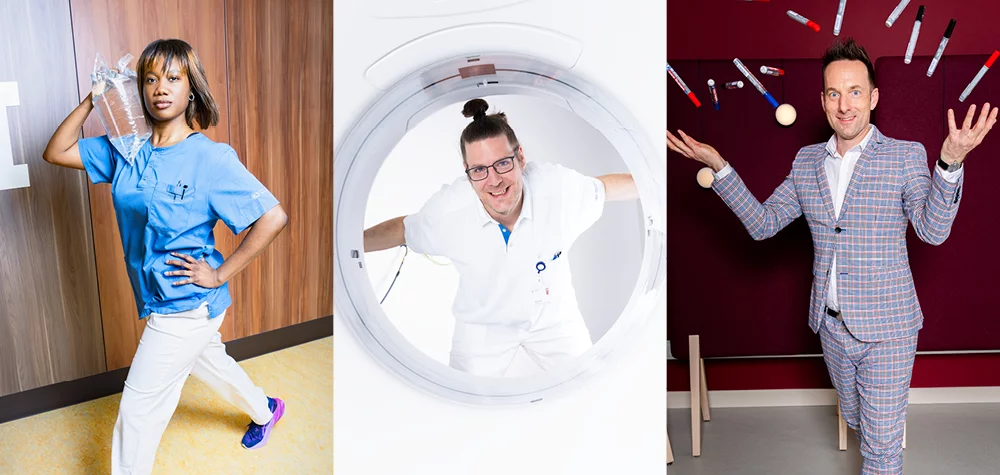 Collage von drei Mitarbeitenden des Stadtspitals in ihrer Arbeit