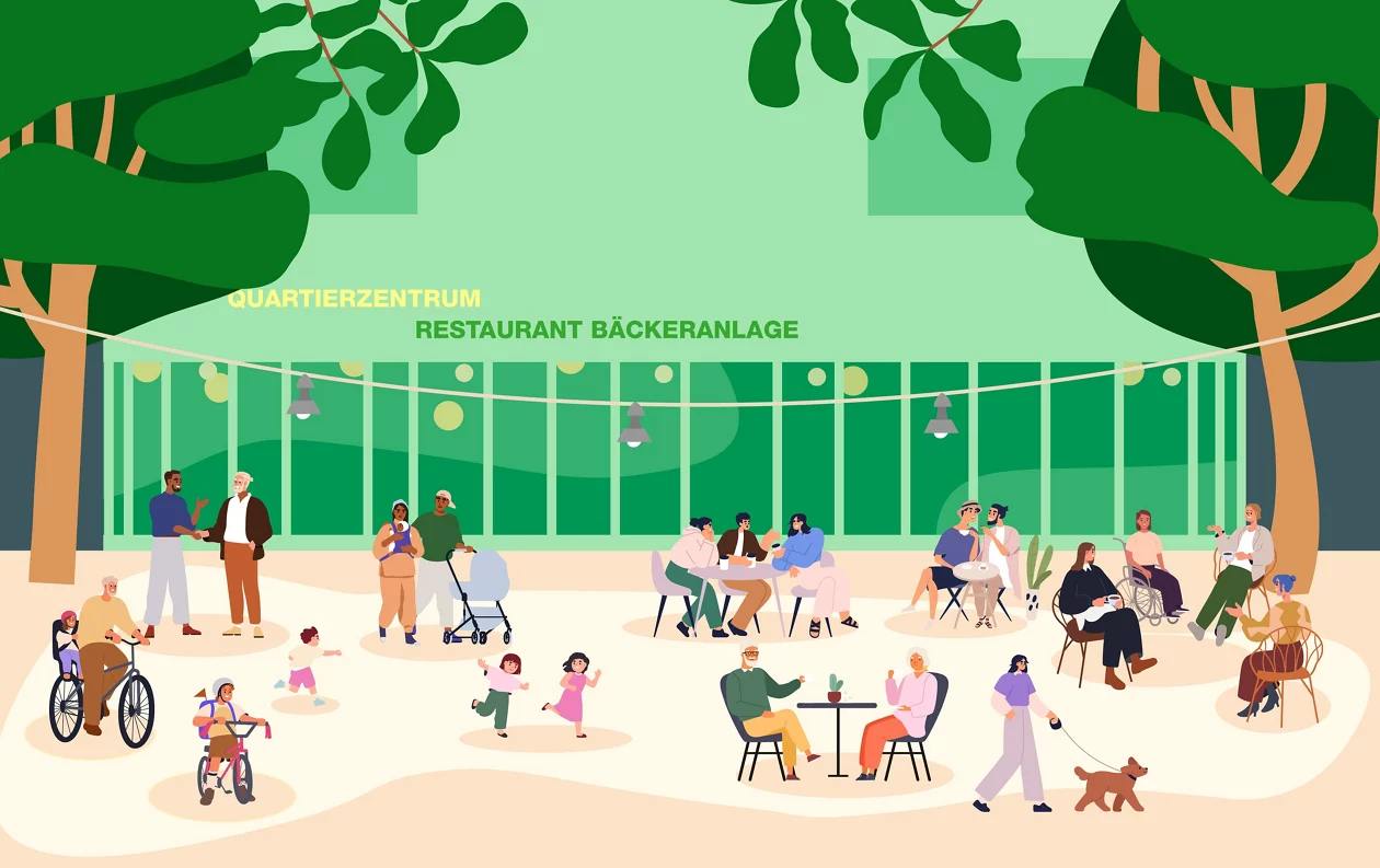 Illustration Quartierzentrum und Restaurant Bäckeranlage, Bistro Brot