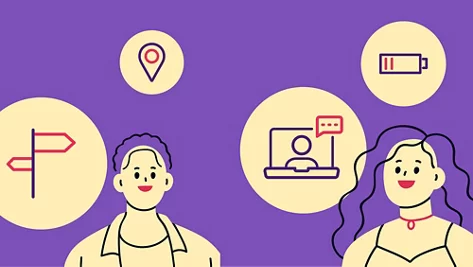 Icons in gelben Kreisen: Wegweiser, Standortanzeige, Computer mit Sprechblase und Batterie mit halb-leeren Akku. Im Vordergrund sind zwei Jugendliche, die fröhlich aussieht. Illustrativer Stil, violetter Hintergrund