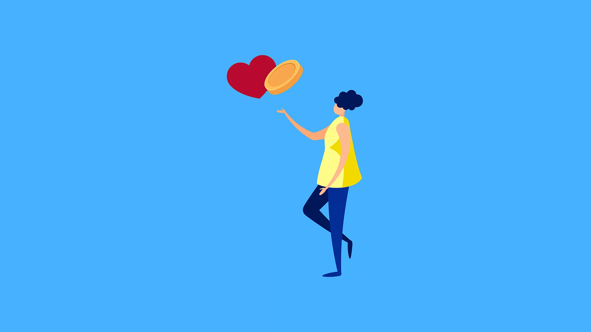 Frau in gelbem Oberteil und Jeans hält ein Herz und eine Münze in die Luft. Illustrationsstil: minimalistisch, flächig, fröhlich und farbig