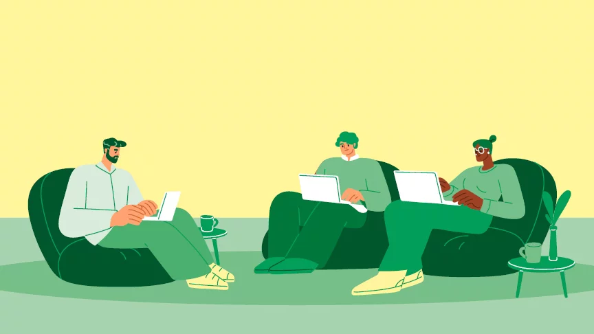 Mehrere Menschen sitzen in einem Café und schreiben an einem Laptop. Die Illustration ist in gründ und gelb tönen, freundlich und in einem flächigen Stil.