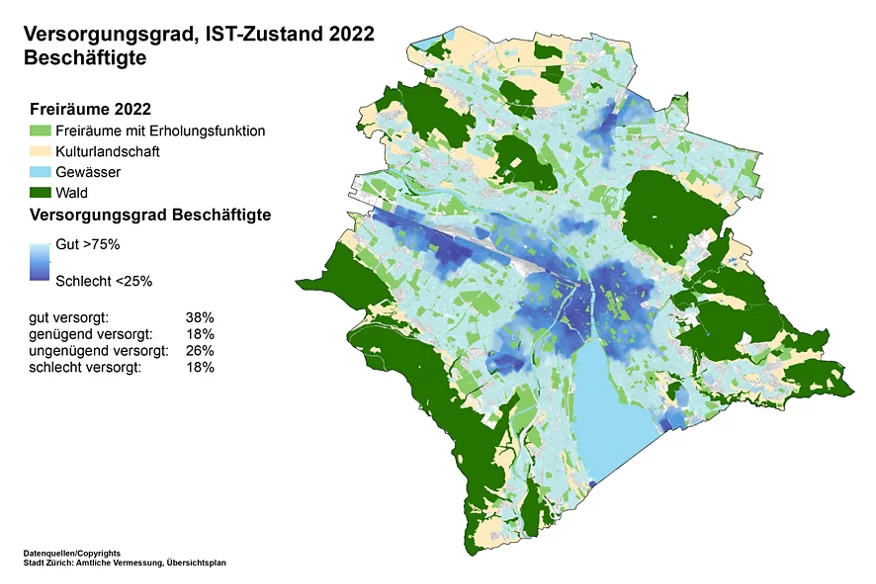 Karte Freiraumversorgung 2022: Versorgungsgrad der Beschäftigten