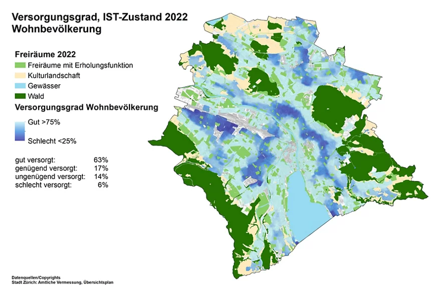 Karte Freiraumversorgung 2022: Versorgungsgrad der Wohnbevölkerung.