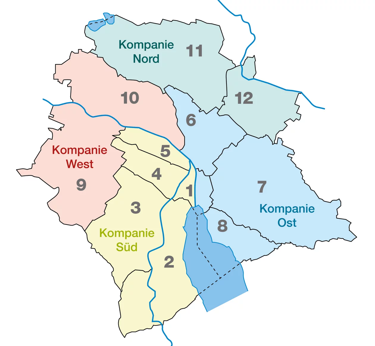 Stadtkreise mit dazugehörigen Milizkompanien