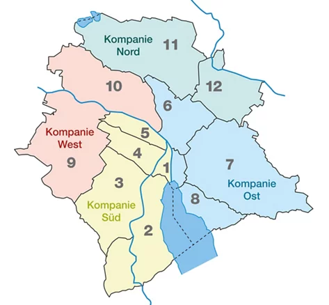 Stadtkreise mit dazugehörigen Milizkompanien