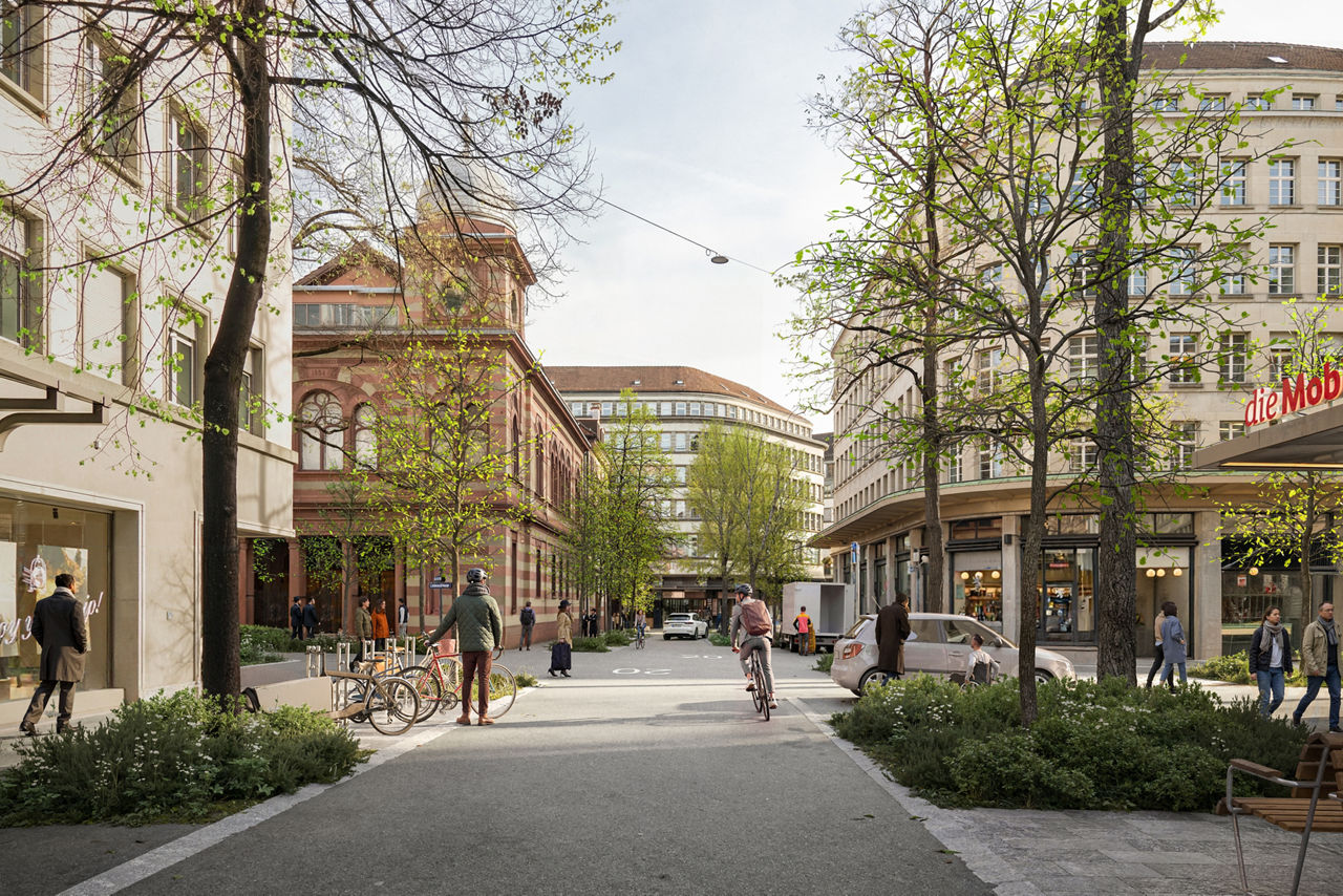 Blick aus der Nüschelerstrasse in Richtung Löwenstrasse  nach der Umsetzung des Projekts