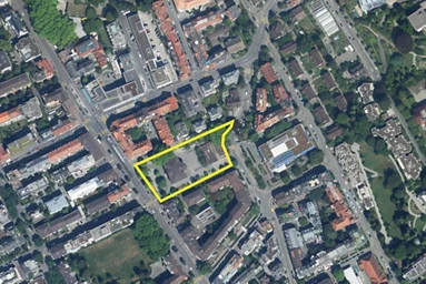 Gelber Perimeter auf dem Luftbild markiert den Wettbewerbsstandort.