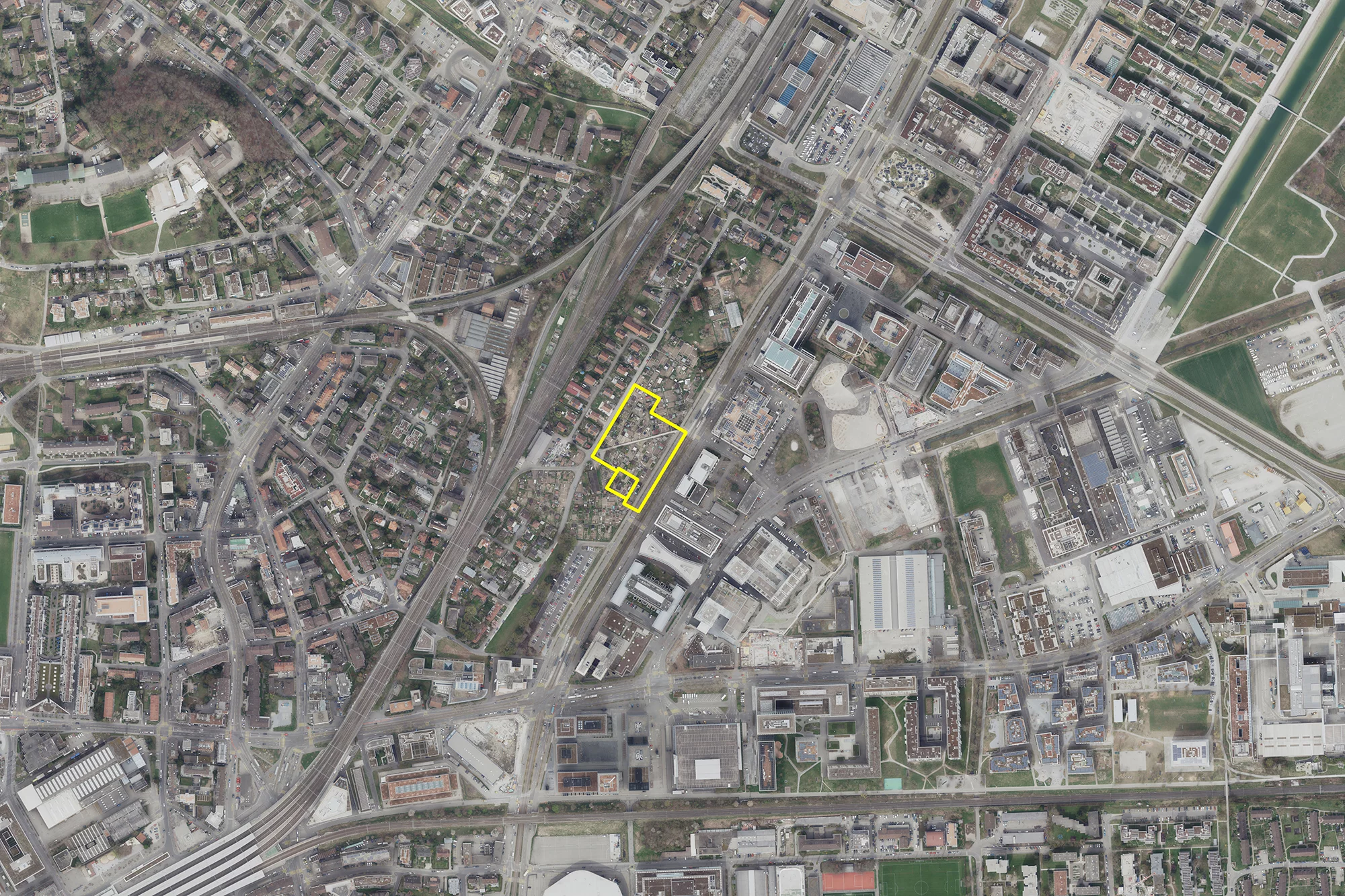 Der gelb eingezeichnete Perimeter auf der Karte markiert den Wettbewerbsstandort der Thurgauerstrasse Teilgebiet C.