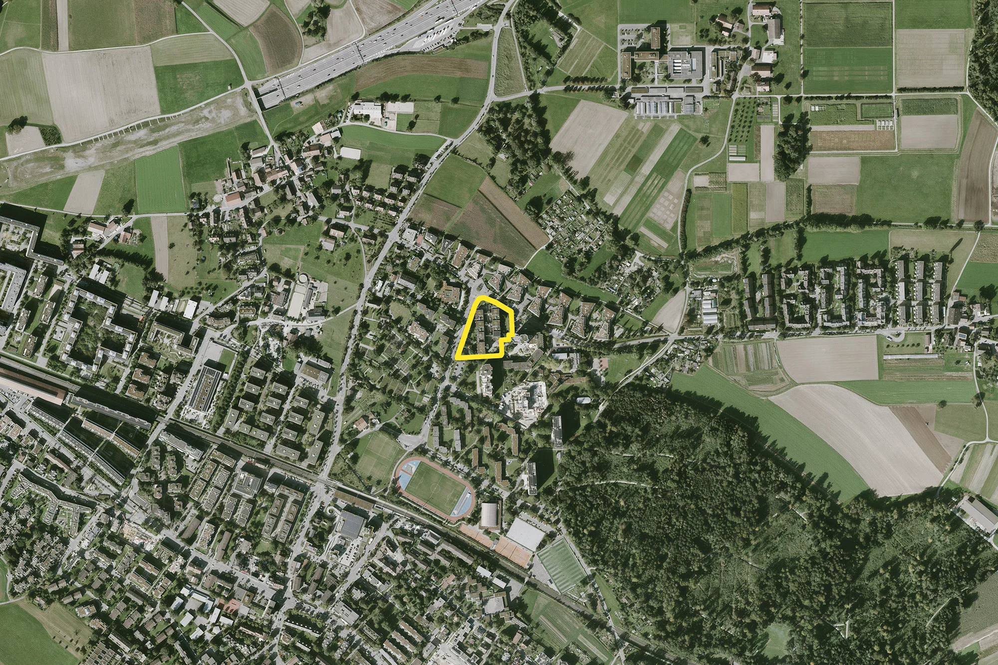 Gelb eingezeichneter Perimeter auf der Karte markiert den Wettbewerbsstandort der Wohnsiedlung Unteraffoltern III.