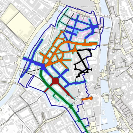 Karte der Zürcher City mit farblich gekennzeichneten Bauprojekten