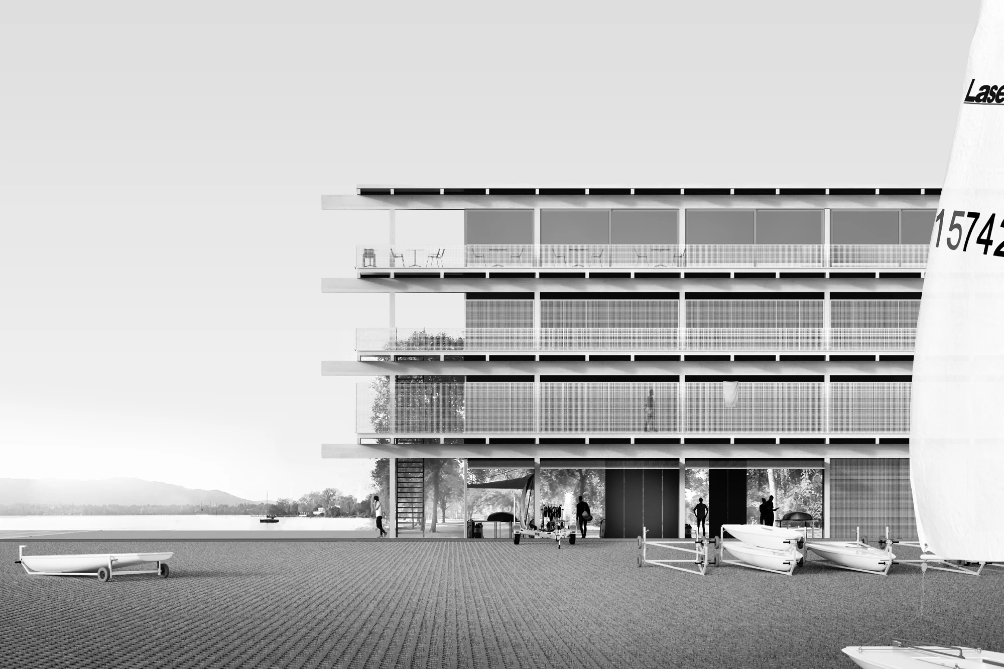 Die schwarz-weisse Visualisierung des geplanten Bauvorhabens zeigt das künftige Gebäude mit dem See im Hintergrund.