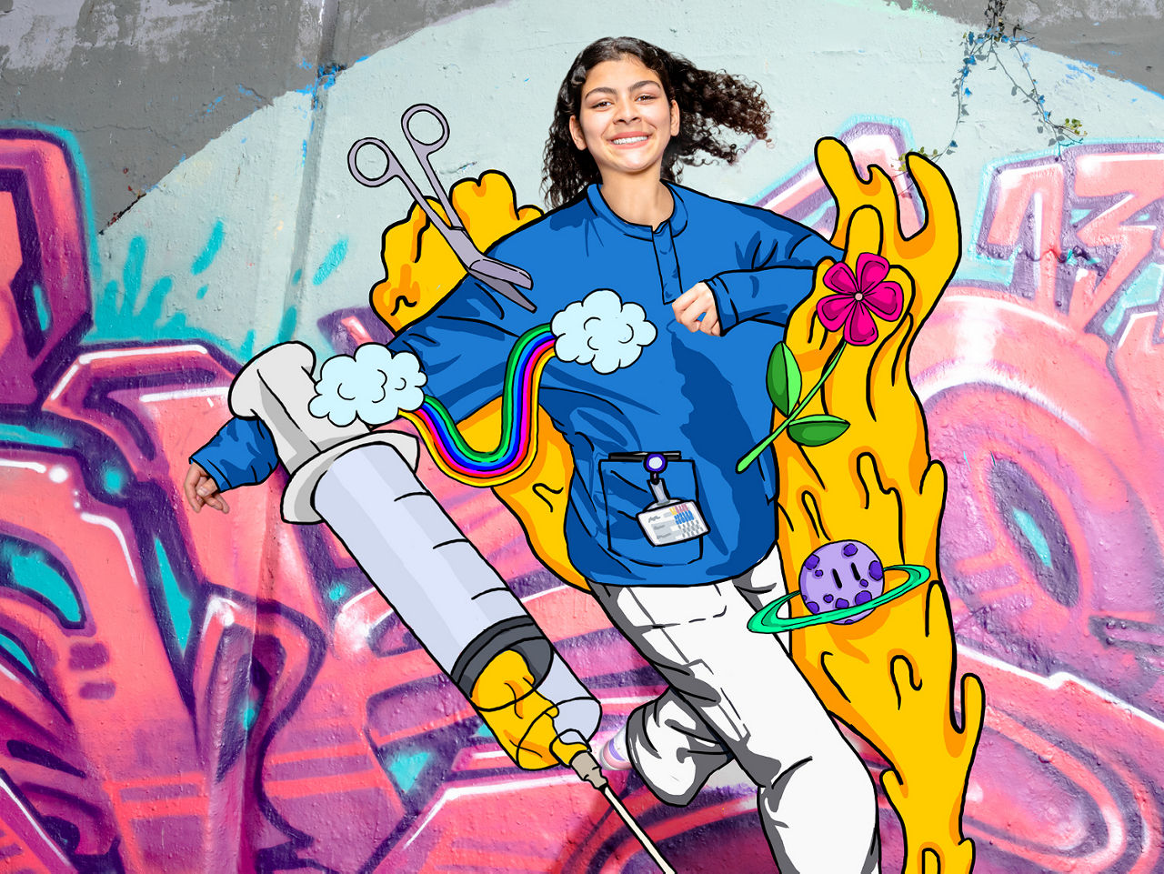 Fachperson Pflege in Bewegung mit gemalter Spritze und TUpfer