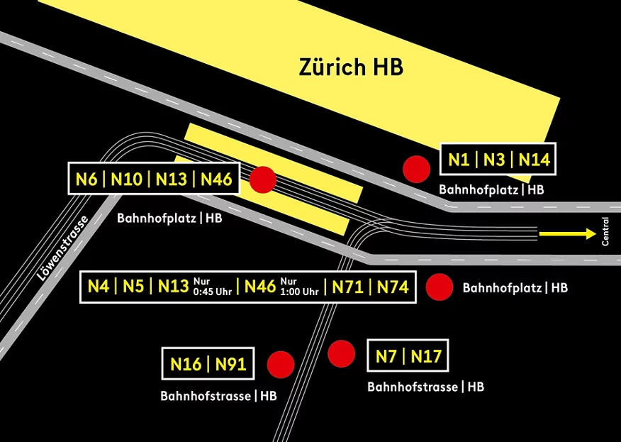 Nachtnetz-Haltestellen am HB Zürich