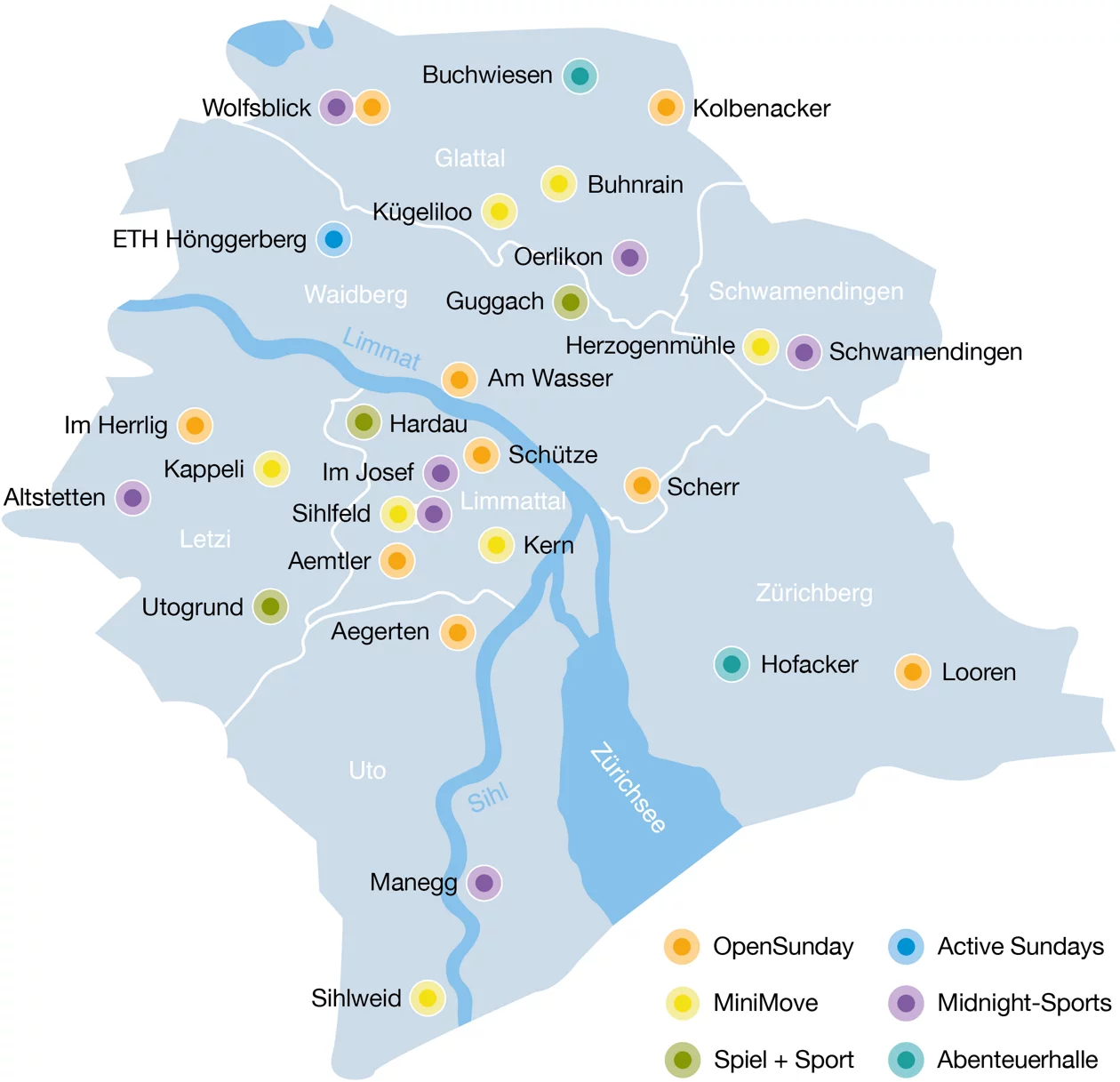 Karte der Stadt Zürich, die die Standorte der offenen Sportangebote für Kinder und Jugendliche zeigt