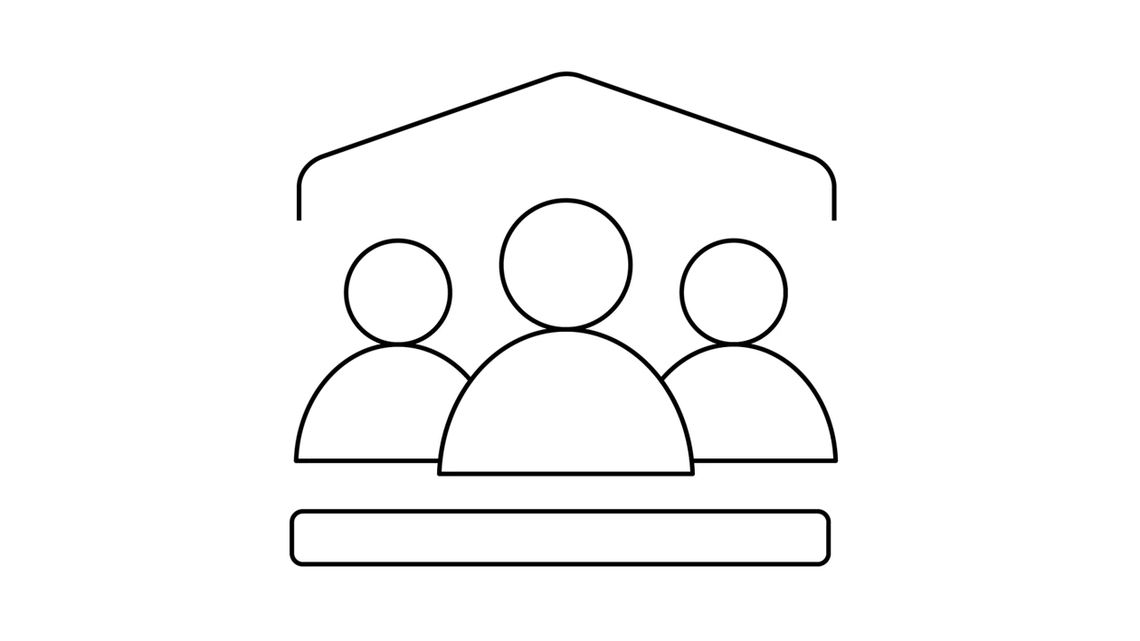 Neutrales weisses Icon zur Ebene Organisation: drei Personen unter einem Dach.