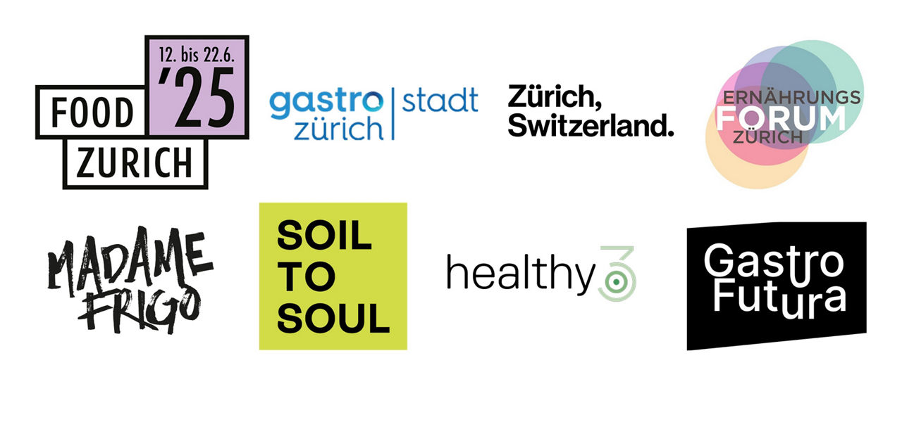 Partner-Logos von: Food Zurich, Gastro Stadt Zürich, Ernährungsforum Zürich, Madame Frigo, Zürich Switzerland, Soil to Soul, healthy3, Gastro Futura