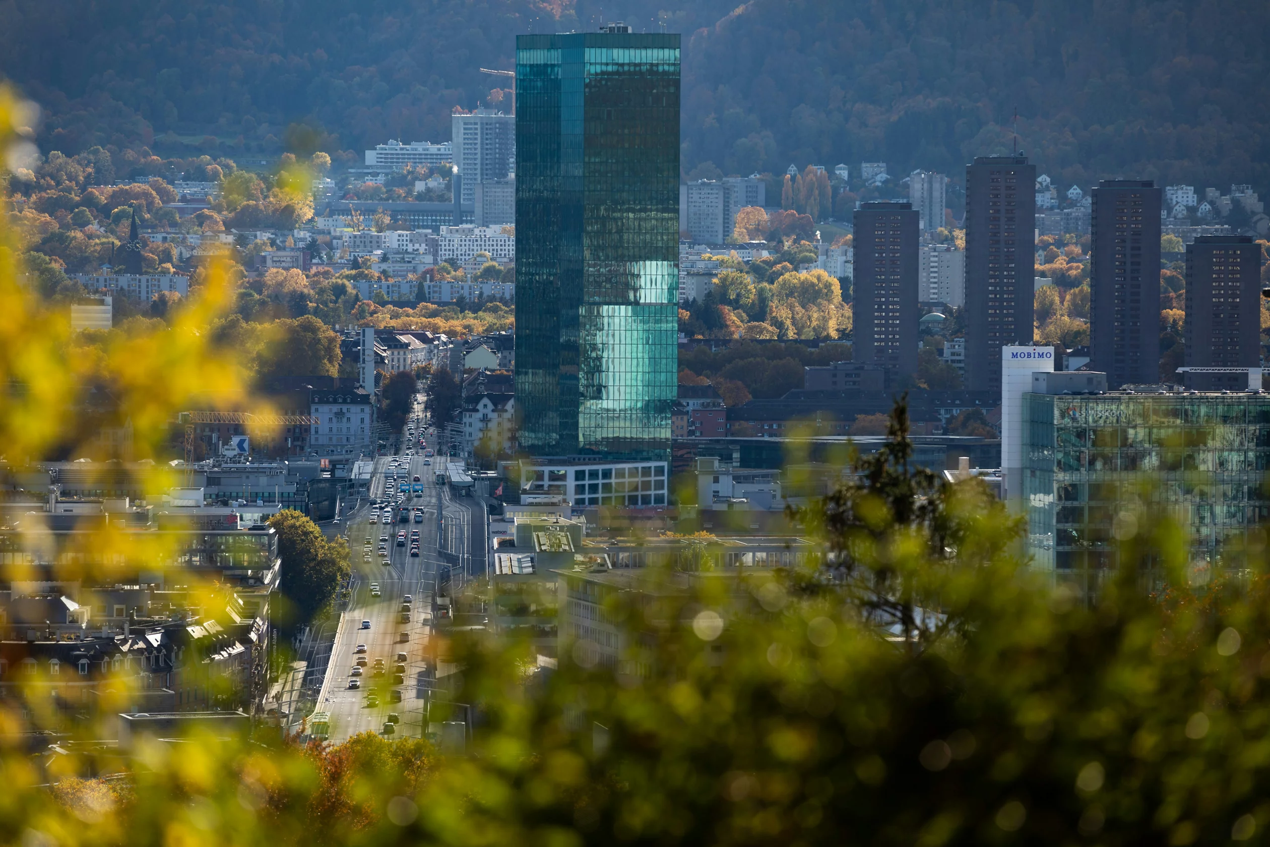 Blick auf Primetower und Hardbrücke mit Bäumen.