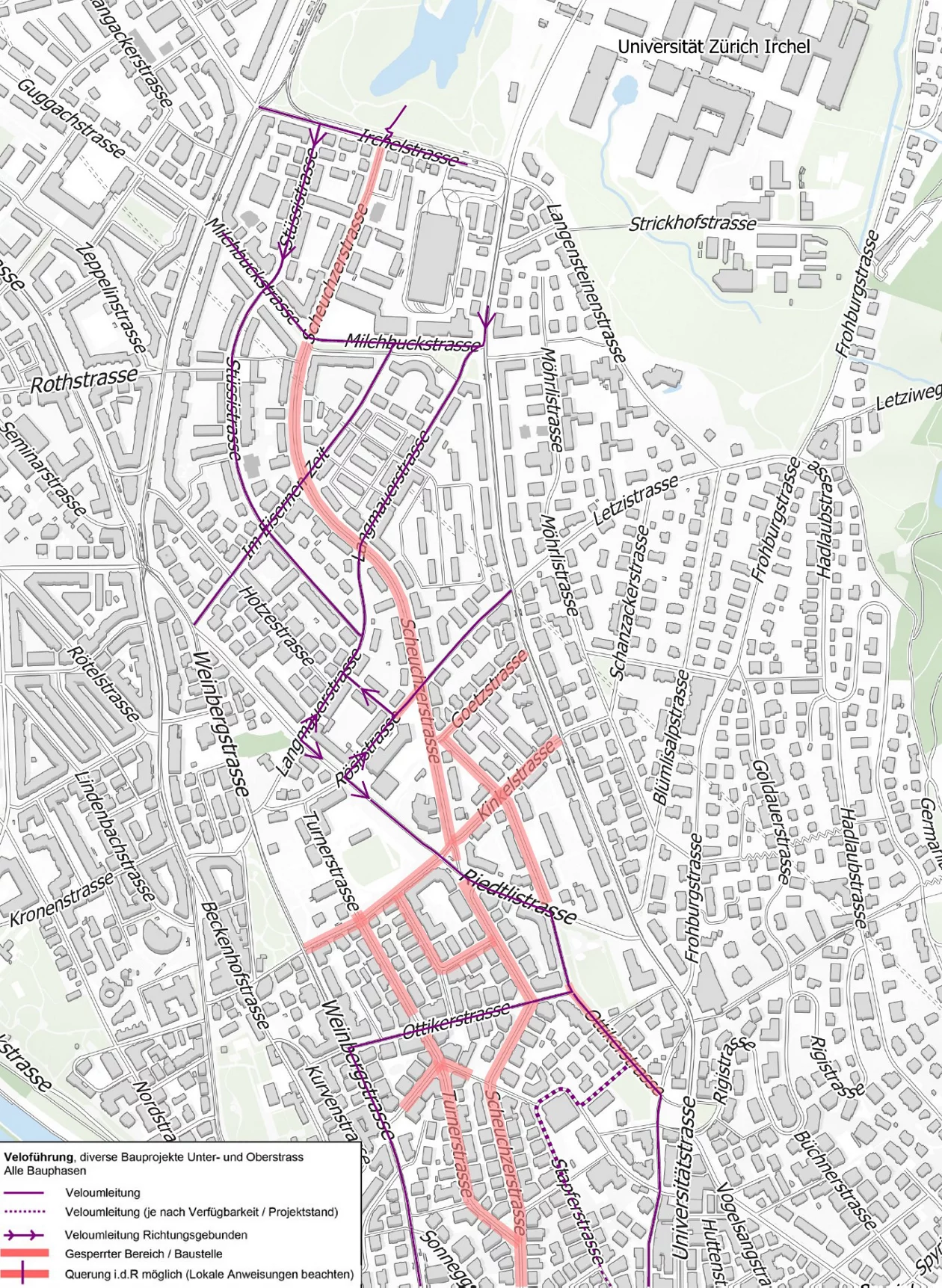 Karte der Veloführung an der Scheuchzerstrasse
