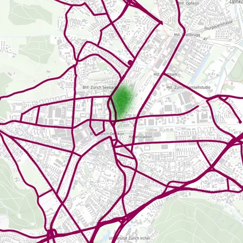 Eine Karte von Seebach, bei der der Bereich um die Grünhalde- und Bühlwiesenstrasse grün eingefärbt ist