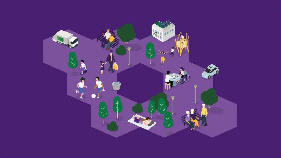 Grafik in violett mit Waben und Aktivitäten im belebten öffentlichen Raum