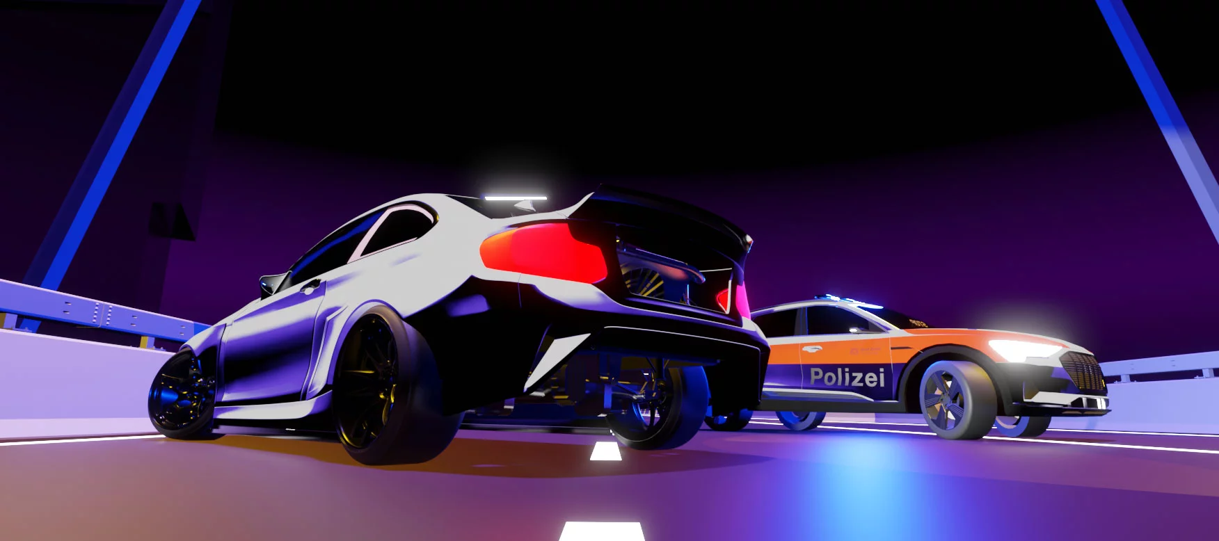 Das Bild zeigt eine stilisierte, digitale Szene mit einem weißen Sportwagen und einem Polizeifahrzeug auf einer Brücke bei Nacht. Das Sportauto steht im Fokus, mit breitem Heck, leuchtenden Rücklichtern und einem aggressiven Design. Das Polizeifahrzeug mit Blaulicht steht leicht dahinter. Die Szene ist in Neonfarben gehalten, mit lila und blauen Lichtreflexen, was eine moderne, fast videospielartige Ästhetik erzeugt