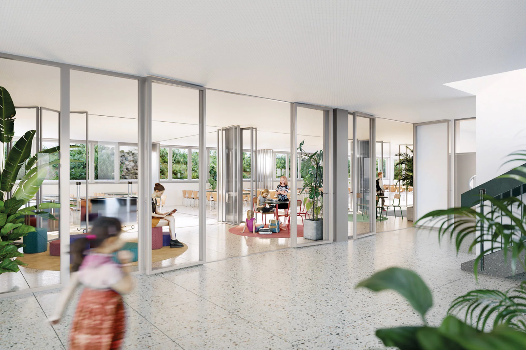 Visualisierung Treppenhaus-Vorzone und Aufenthalt-Mensa in der Schulanlage Manegg