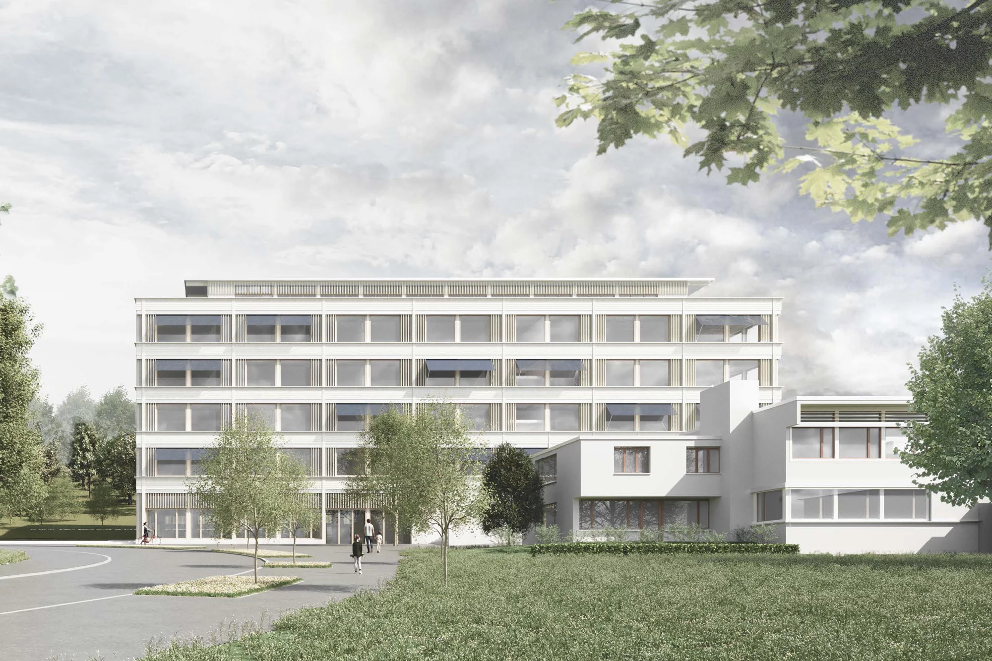 Die Visualisierung des geplanten Bauvorhabens zeigt einen Blick auf die Fassade der neuen Schulanlage.