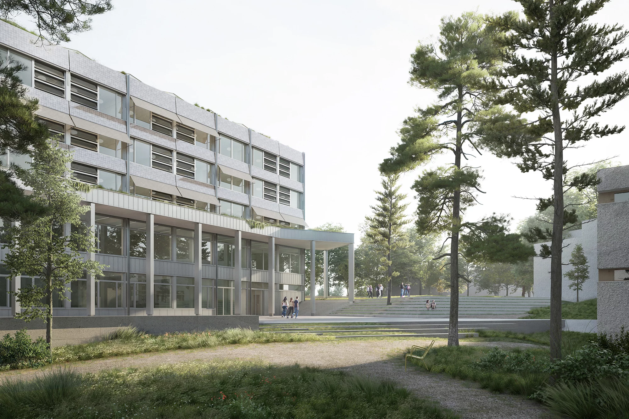 Die Visualisierung des geplanten Bauvorhabens zeigt die Umgebung mit dem neuen Gebäude.