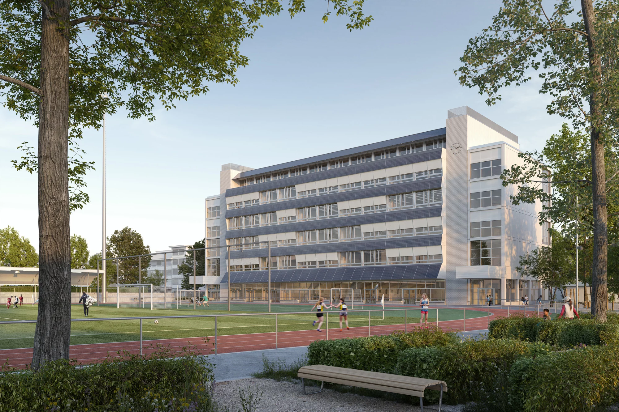 Visualisierung mit Blick auf die Schulanlage mit dem Rasensportfeld.