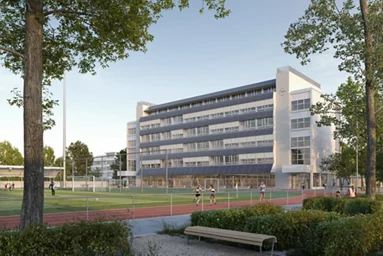Visualisierung mit Blick auf die Schulanlage mit dem Rasensportfeld.