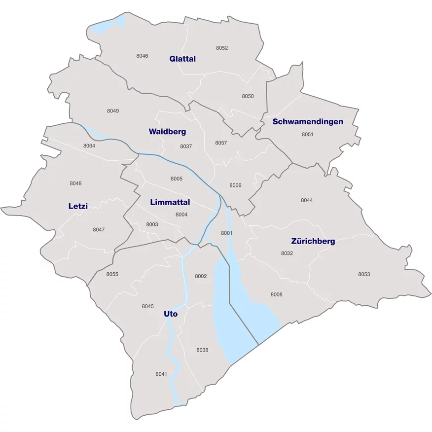 Karte der sieben Schulkreise der Stadt Zürich mit Postleitzahlen